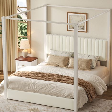 180x200 cm großes Polsterbett mit Himmelbettgestell, Kopfteil und Metallrahmen, Beige + Weiß (1/5)