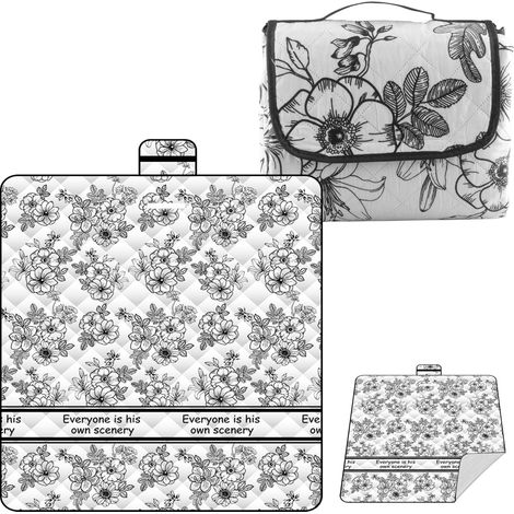 Couverture de pique-nique pliable avec poignée de transport, motif floral noir et blanc, imperméable, couverture d'extérieur isolée et rembourrée pour plage, parc et pique-nique en famille (1/5)