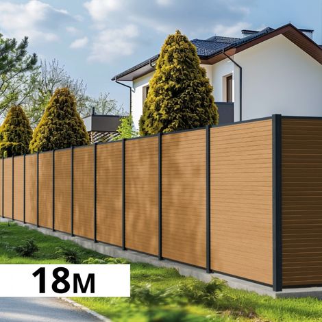 Kit Clôture Bois Composite Cèdre 18,33x1,8m SANTOS - Poteaux en Aluminium Gris - Brise Vue - Palissade