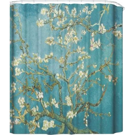 Cortina de ducha para baño con ganchos, Verde, Cortina de ducha antimoho, Flor de almendro azul Van Gogh, Cortina de ducha 180x180 cm (1/5)
