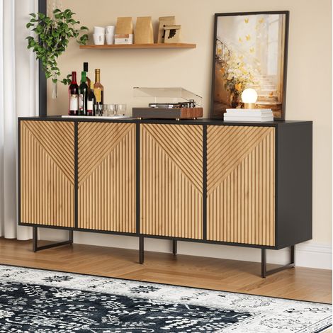 Buffet 160x40x75 cm bois naturel et noir en panneaux de particules avec 4 portes et rangement compartimenté (1/5)