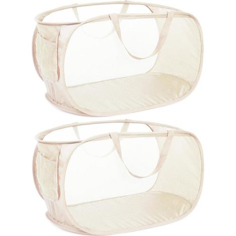 Cestas de lavandería plegables de malla duraderas con bolsillo lateral y asas reforzadas para la colada, el baño, el dormitorio o viajes. Juego de 2, color beige.