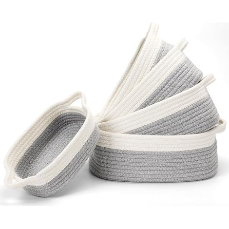Panier Rangement, Lot de 5 Panier Tissé Corde de Coton, Panier Rangement pour Salle de Bain, Cuisine, Organisateur Table a Langer Bebe, Panier de Rangement Empilable Polyvalent (Blanc/Gris)