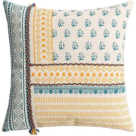 Housse de coussin bohème à pompons, imprimé géométrique, en toile, style campagnard, rayée, carrée, pour lit, canapé ou maison. (1/5)