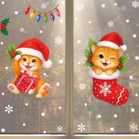 Autocollants pour fenêtres chatons et chiens, décorations de Noël, autocollants statiques pour fenêtres, décorations pour une ambiance festive, autocollants pour vitres chats flocons de neige, animaux