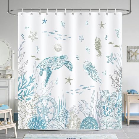 Rideau de Douche Côtier Tortues, Rideau de Baignoire Bleu Océan Corail Coquillage Étoile de mer Nautique 180 x 180 cm Polyester Imperméable Résistant à la Moisissure 12 Crochets (1/5)