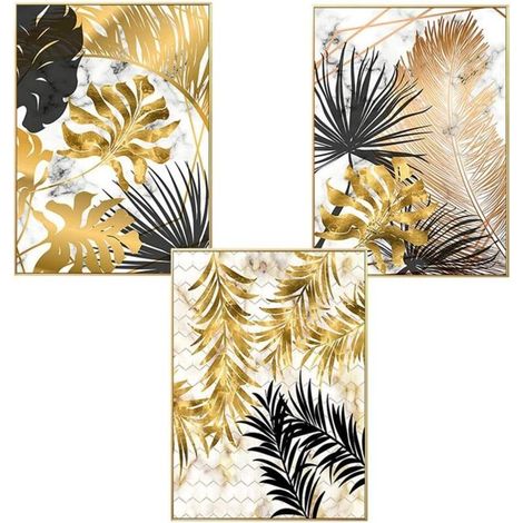 Lot de 3 affiches murales design avec motifs forêt, feuille dorées, palme, sans cadre, décoration murale pour le salon styleD (1/4)