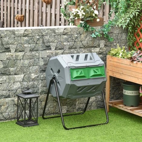 Gris - Composteur de jardin pivotant 2 sections, 8 bouches d’aération, acier et PP 160L, traitement des déchets organiques, 71x65x96 cm
