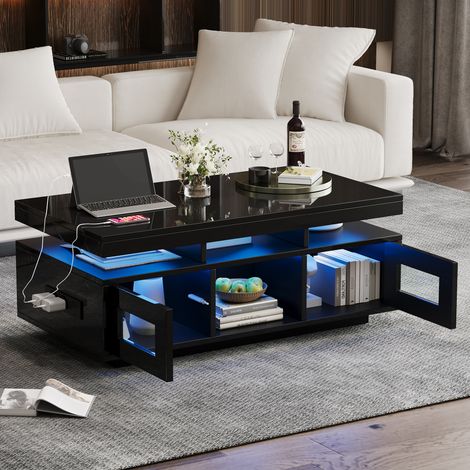 REDOM Mesa de centro 100x50x43 cm con LED y tomas, almacenamiento, tablero de partículas, negro (1/5)