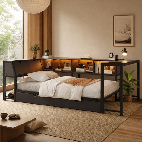 Letto singolo 90x200 cm con scrivania integrata, testiera contenitore apribile, 2 cassetti e LED multicolore, struttura in metallo e MDF nero FLORAGRACE (1/5)