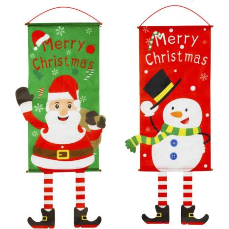 Drape Festif Noël - Drapeau Porte Fenêtre Mur - Motif Père Noël Bonhomme De Neige - Polyester - Lot De 2 (1/5)