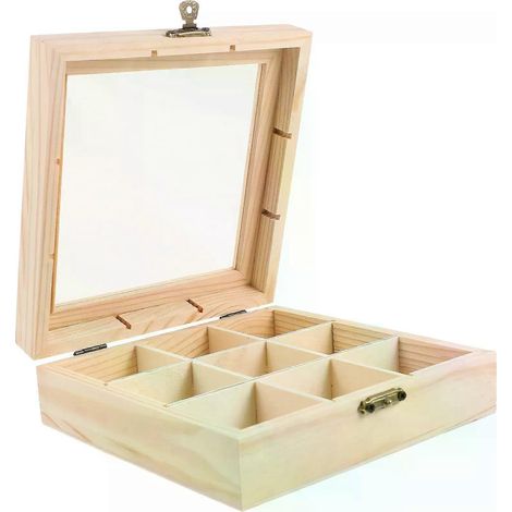 Multifunktionale Teebox aus Holz mit 9 Fächern, 145 x 145 x 5 cm, Aufbewahrungsbox für Teebeutel, Schmuckaufbewahrung und Schmuck. (1/4)