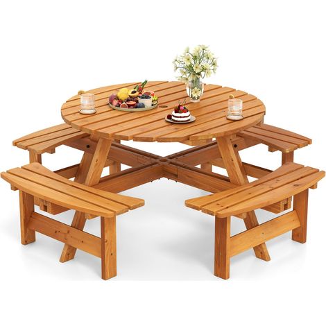 Set tavolo da picnic rotondo per 8 persone, Tavolo da pranzo circolare con 4 panchine Giallo (1/4)