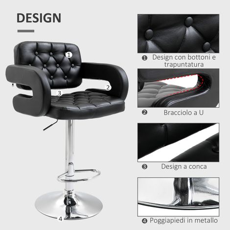 Tabouret de bar pivotant noir, réglable en hauteur avec dossier et accoudoirs, repose-pieds intégré, similicuir élégant. (1/5)