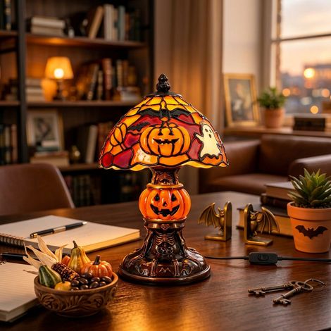 Lampe de table Halloween en résine, décoration citrouille fantôme chauve‑souris 13×13×20 cm, alimentation USB
