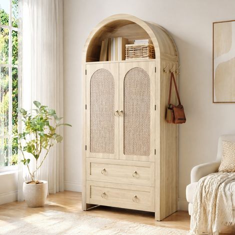 Vitrina de almacenamiento con puertas de ratán, 2 cajones, 80 x 40 x 180 cm, color roble DESVIAE (1/5)