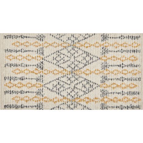 Alfombra de algodón beige amarillo negro 80 x 150 cm hecho a mano geométrico Kadapa