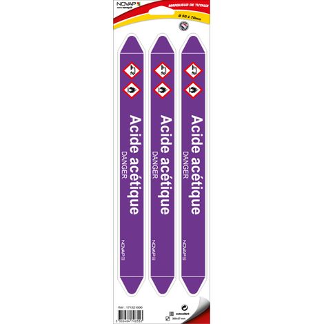 Planche de 3 marqueurs de tuyauterie 355 x 37 mm pour Ø 50 à 70 mm - Acide Acétique - 4708553
