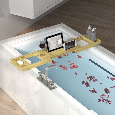 Pont étagère plateau de baignoire extensible en bambou avec porte-gobelet et porte-savon. 75-109 x 23 x 4.5cm