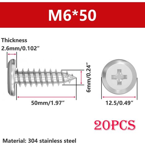 20 Pièces Vis Autotaraudeuses Acier Inoxydable 304, Vis à Tête Ronde Plate Cruciforme, M6 x 50 mm Fixations, pour Les Meubles à la Maison Machines (1/5)