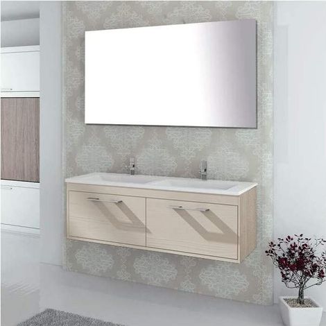 Ducha – Meuble de salle de bain suspendu double vasque 120 cm – Miroir inclus – 2 tiroirs avec fermeture en douceur – Finition crème (1/5)