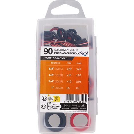 Estuche Surtido Juntas QUICK PLOMBERIE - 45 Juntas de Fibra + 45 Juntas de Caucho 3/8 a 1'  x90 unidades