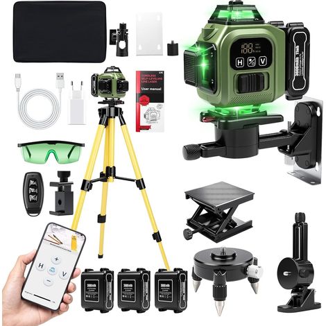 Laser Chantier 4 x 360°, Niveau Laser avec Trepied 4x360° Autonivelant, Lazer Niveaux 4D 16 Lignes Laser, Niveau Lazer avec 3x3600mAh Batterie & Grand Écran LED, App, Télécommande, Support Rotatif (1/5)