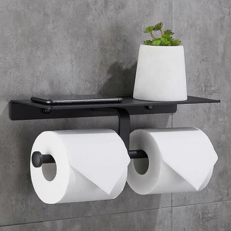 Porte-rouleau de papier toilette hygiénique sans perçage avec étagère pour téléphone portable, fixation murale double pour salle de bain (noir) (1/5)