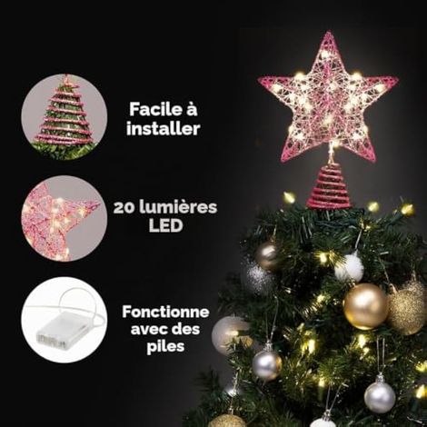 Étoile rose pailletée à piles, illuminée par 20 LED blanc chaud, idéale pour décorer votre sapin de Noël, votre maison ou pour les fêtes. (1/4)