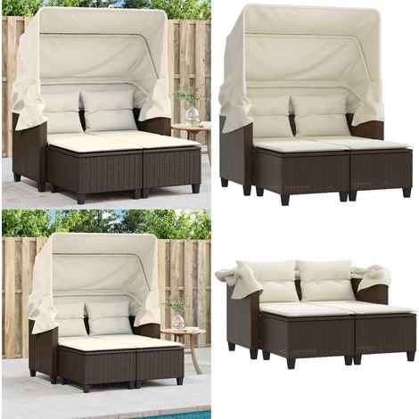 Gartensofa 2-Sitzer mit Dach und Hockern Braun Poly Rattan - Gartensofa - Outdoor Möbel - Gartenmöbel - Rattan Gartenmöbel - Lounge Set - Home & Living (1/5)