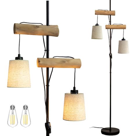 Lampadaire sur Pied Design, Bois Naturel avec 2 Abat-jours en Lin, Style Retro Moderne, avec LED, pour Salon et Chambre (1/5)