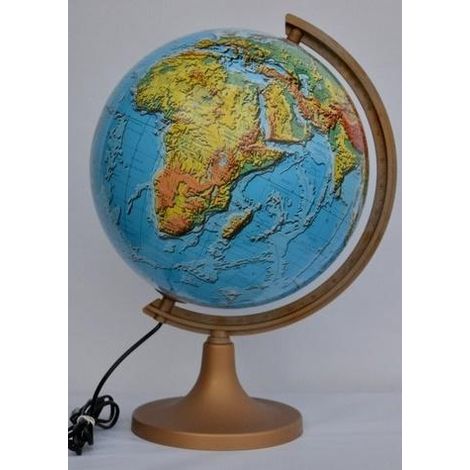 Physischer Globus, 32 cm Durchmesser. 3D-Beleuchtung. Kunststoffsockel.