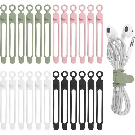 24 Pack Silicone Cable Straps for Headphones, Phone Charger, Computer, Reusable Cable Ties for Home, Office, Kitchen, School (4 Colors) (1/5)