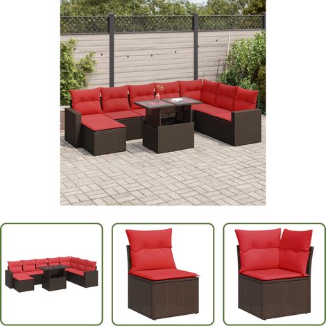 Gartentisch - 9-tlg. Garten-Sofagarnitur mit Kissen Braun Poly Rattan Akazie (1/5)