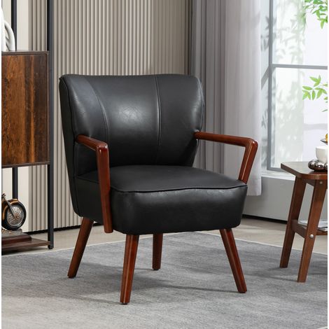 Sedia lounge imbottita con braccioli, seduta ampia, schienale curvo, struttura in legno, schiuma, nero (1/5)