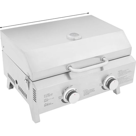 Gril à gaz BBQ, design portable, 2 brûleurs, Argent (1/2)