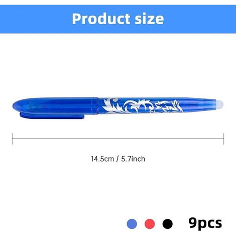 Lot de 9 stylos à bille effaçables à encre gel effaçable 0,5 mm Pour fournitures scolaires, fournitures de bureau, étudiants, bleu, noir et rouge (1/4)