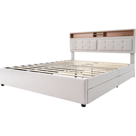 Doppelbett 140x200 cm aus beigem Leinen mit 4 Schubladen, verstellbarem Kopfteil, USB-C (1/5)