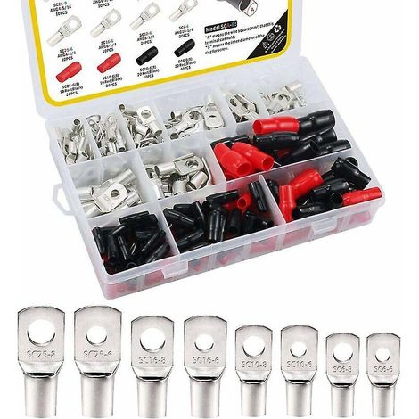 lot De 240 Bornes En Cuivre Tam Avec Trou De Boulon, 120 Cosses Sc6-6/8 Sc10-6/8 Sc16-6/8 Sc25-6/8 Cosses Tubulaires Sc + 120 Manchons Isolants Ro