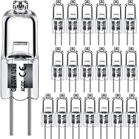 Lot de 20 ampoules halogènes G4, 20 W, 12 V, culot à 2 broches, ampoules transparentes blanc chaud, pour éclairage d'ustensiles de cuisine, LED (1/5)