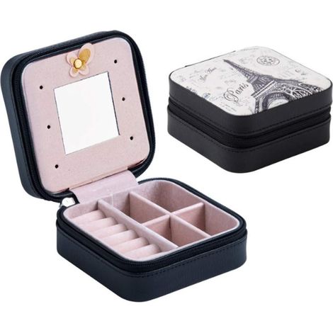 Boîte à bijoux en cuir PU avec miroir, porte-bagues portable, cadeau idéal pour une fille (noir) (1/3)