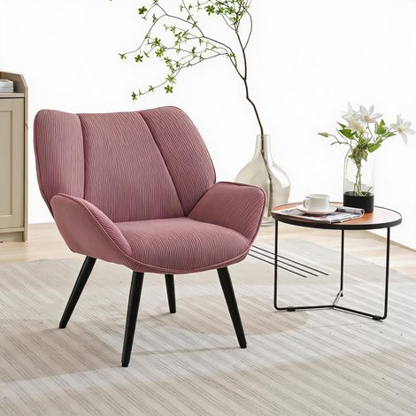 Fauteuil d’appoint 1 place en velours côtelé, style wingback moderne - Dossier haut, assise rembourrée - Accoudoirs évasés, pieds métal - Couleur: Corduroy Rose (1/5)