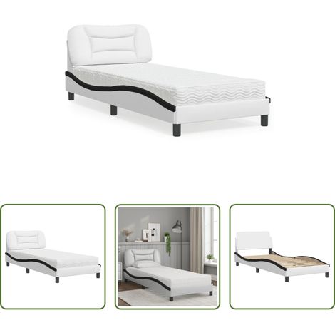 vidaXL Cadre de lit - Lit avec matelas Hvar blanc et noir 80x200 cm similicuir (1/5)