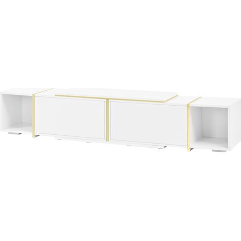 Meuble TV extensible jusqu'à 275 cm en panneaux laqués blanc haute brillance, chants dorés, niches ouvertes et passe-câbles, pour grand mur de séjour (1/5)