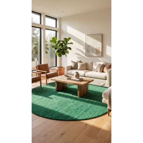 Tapis Gabbeh tissé Tapis Uni - Tapis en laine  - 150x150cm, Round - 100% Laine vierge - Tissé main - Vert foncé