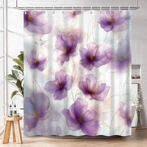 Cortina de ducha con estampado floral morado y ganchos, 180 x 180 cm, fabricada en tejido impermeable, con estampado floral abstracto en acuarela, lavable. (1/4)