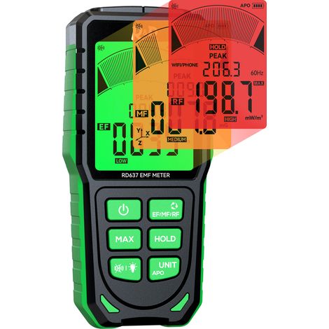 Medidor EMF RD637: Detector de campo electromagnético 3 en 1 para radiación eléctrica, magnética y de radiofrecuencia. Monitoreo en tiempo real, LED tricolor y alarma audible para el hogar y la oficin