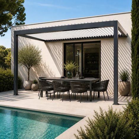 Pergola Bioclimatique Aluminium Adossée Motorisée Éclairée 5x3 Anthracite SV ORIAL France (1/5)