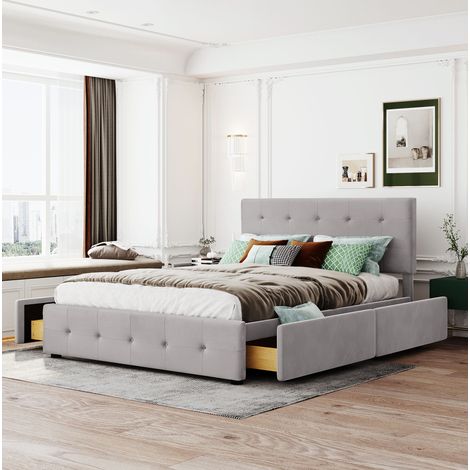Letto imbottito classico 140x200 cm in velluto grigio con testiera, 4 cassetti contenitore e rete a doghe (1/5)