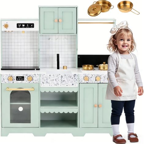 Cuisine pour enfants, cuisine de jeu - design créatif, accessoires et effets surprises, un excellent cadeau pour les enfants à partir de 3 ans, bois et plastique, vert, 30 x 90 x 98 cm